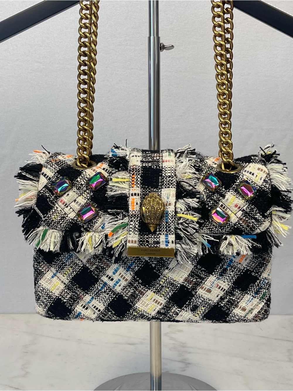 Kurt Geiger Black & White Tweed Fringe Chain Shoulder Bag! Beautiful